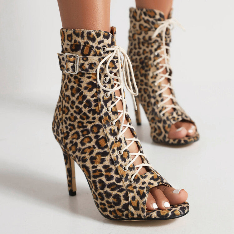 Women's 7.5cm/10cm Heel Rubber Sole Leopard Print Leatherette JazShoes Lace-up Dance Heels Boots