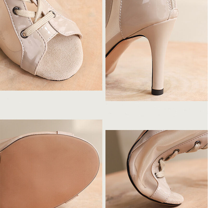 Women's Apricot 8.5cm Slime Heel Rubber Sole Mesh JazShoes Lace-up Open Toe Dance Heels Boots