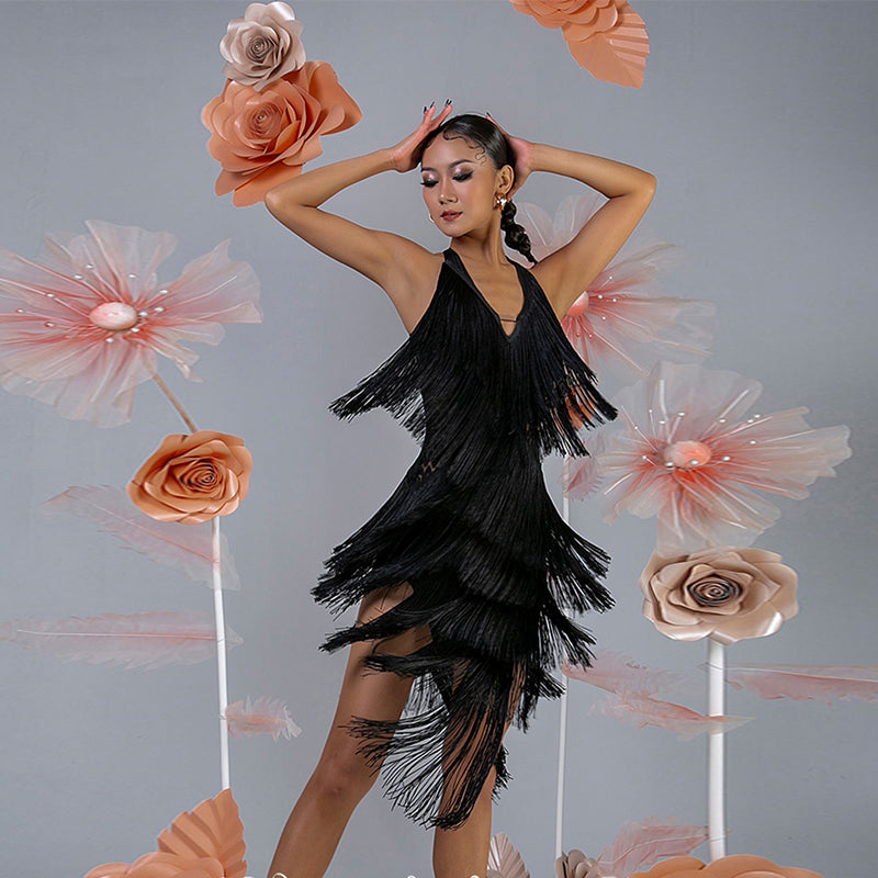 Women's Milk Silk Halter Tassel Latin Dance Dress Training Performance Dress