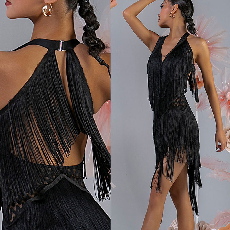 Women's Milk Silk Halter Tassel Latin Dance Dress Training Performance Dress