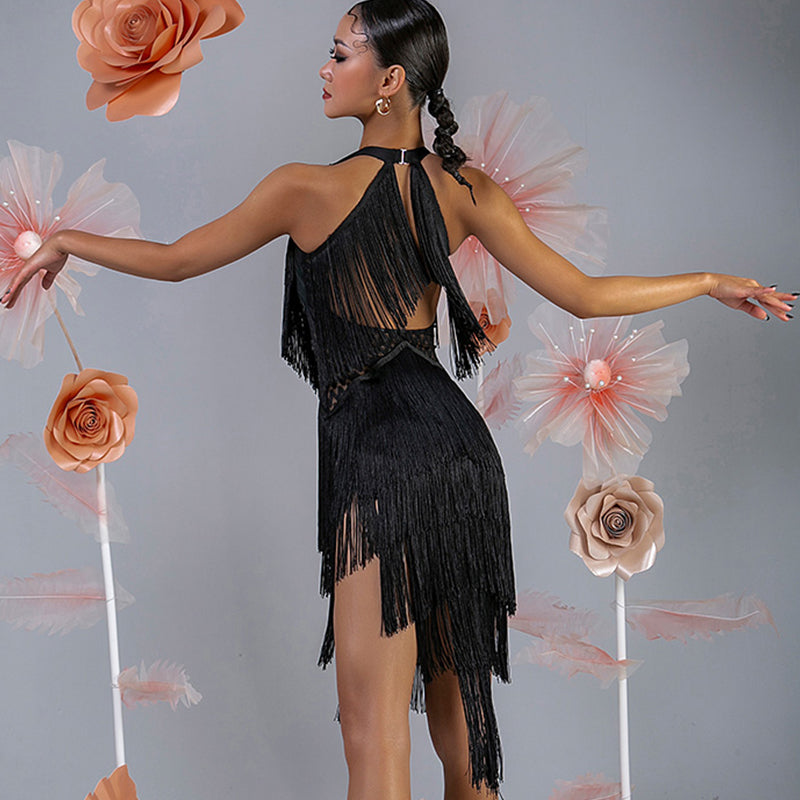 Women's Milk Silk Halter Tassel Latin Dance Dress Training Performance Dress