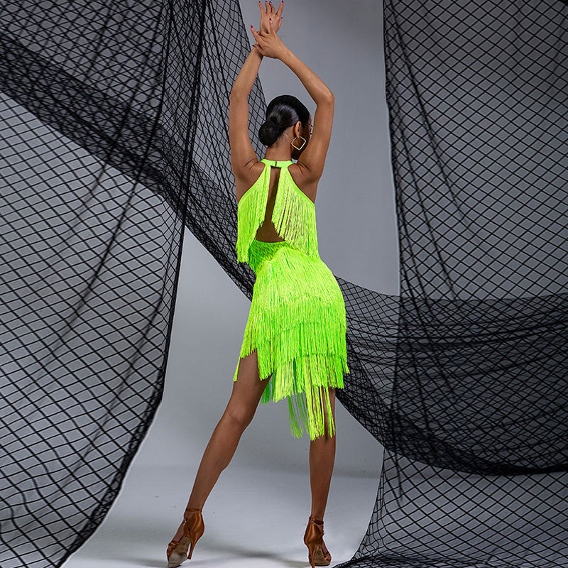 Women's Milk Silk Halter Tassel Latin Dance Dress Training Performance Dress