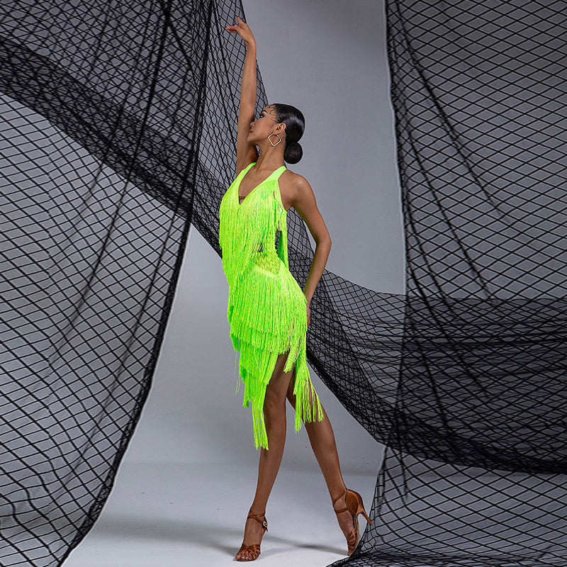 Women's Milk Silk Halter Tassel Latin Dance Dress Training Performance Dress