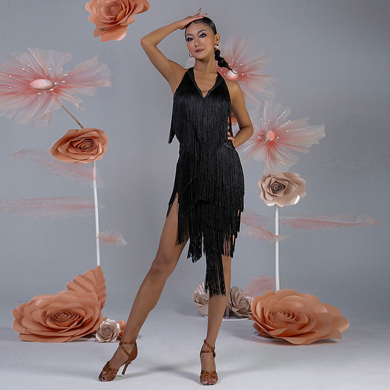 Women's Milk Silk Halter Tassel Latin Dance Dress Training Performance Dress