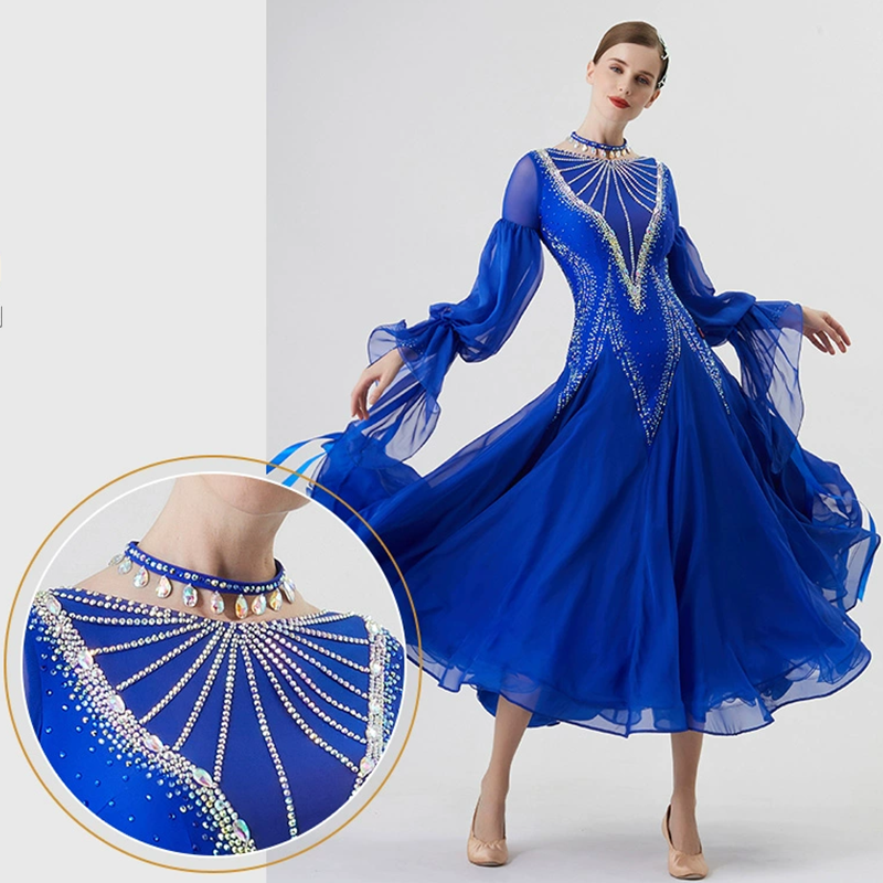 YUN Customisable-Women's Long Sleeve Round Neck DiamonDress For Ballroom Dancing Smooth Dress
