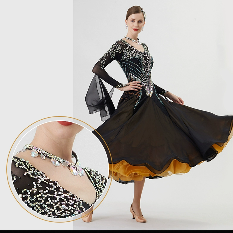 YUN Customisable-Women's Long Sleeve VNeck Backless DiamonDress For Ballroom Dancing Smooth Dress