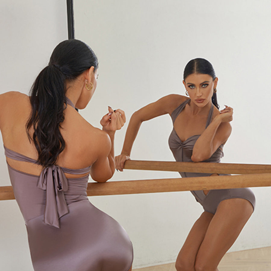 Women's Satin Halter Backless Dance Tops Bodysuit LeotarPractice DanceWear