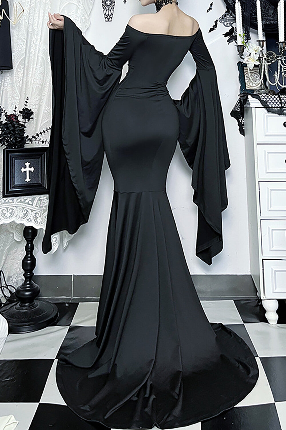 Off Shoulder Bell Sleeve Fitted Mermaid Gowns Maxi Dresses-Black