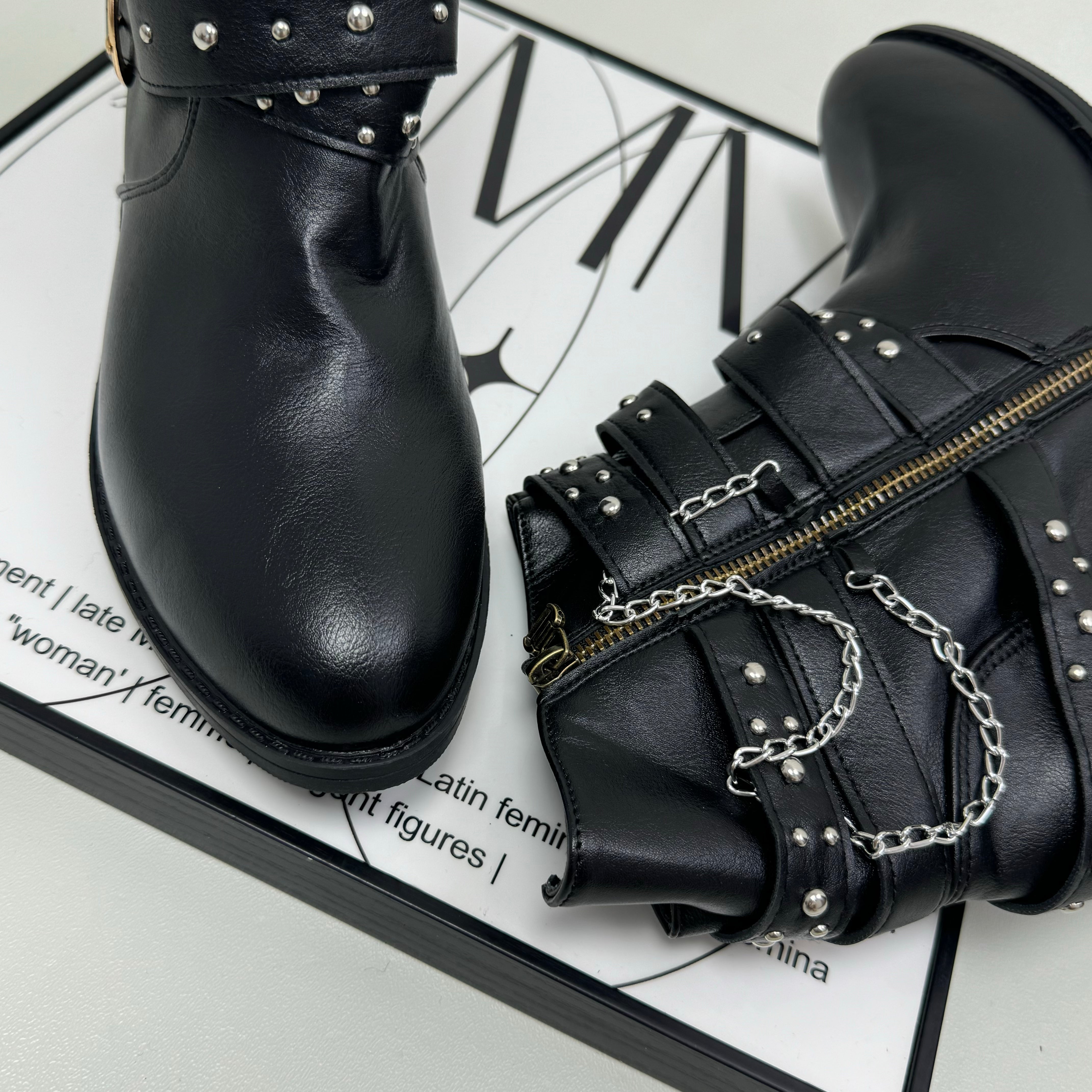 Punk-style rivet mid-calf boots
