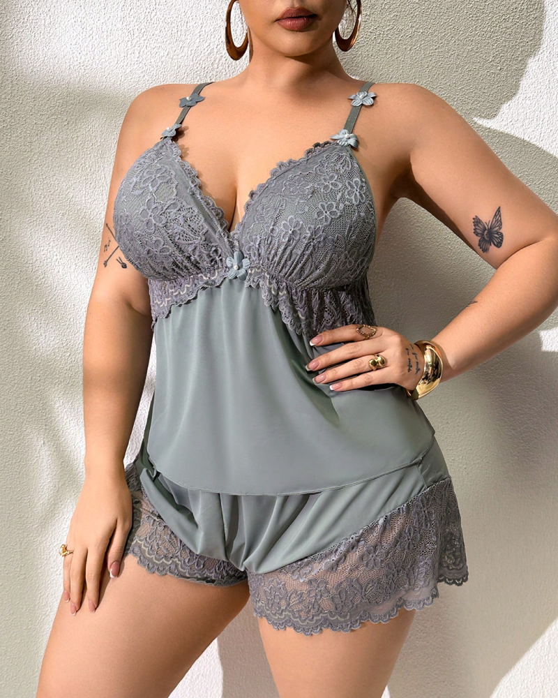 Plus Size Lace Satin Cami Pajama Set â€?Sexy Two-Piece Sleepwear for Women