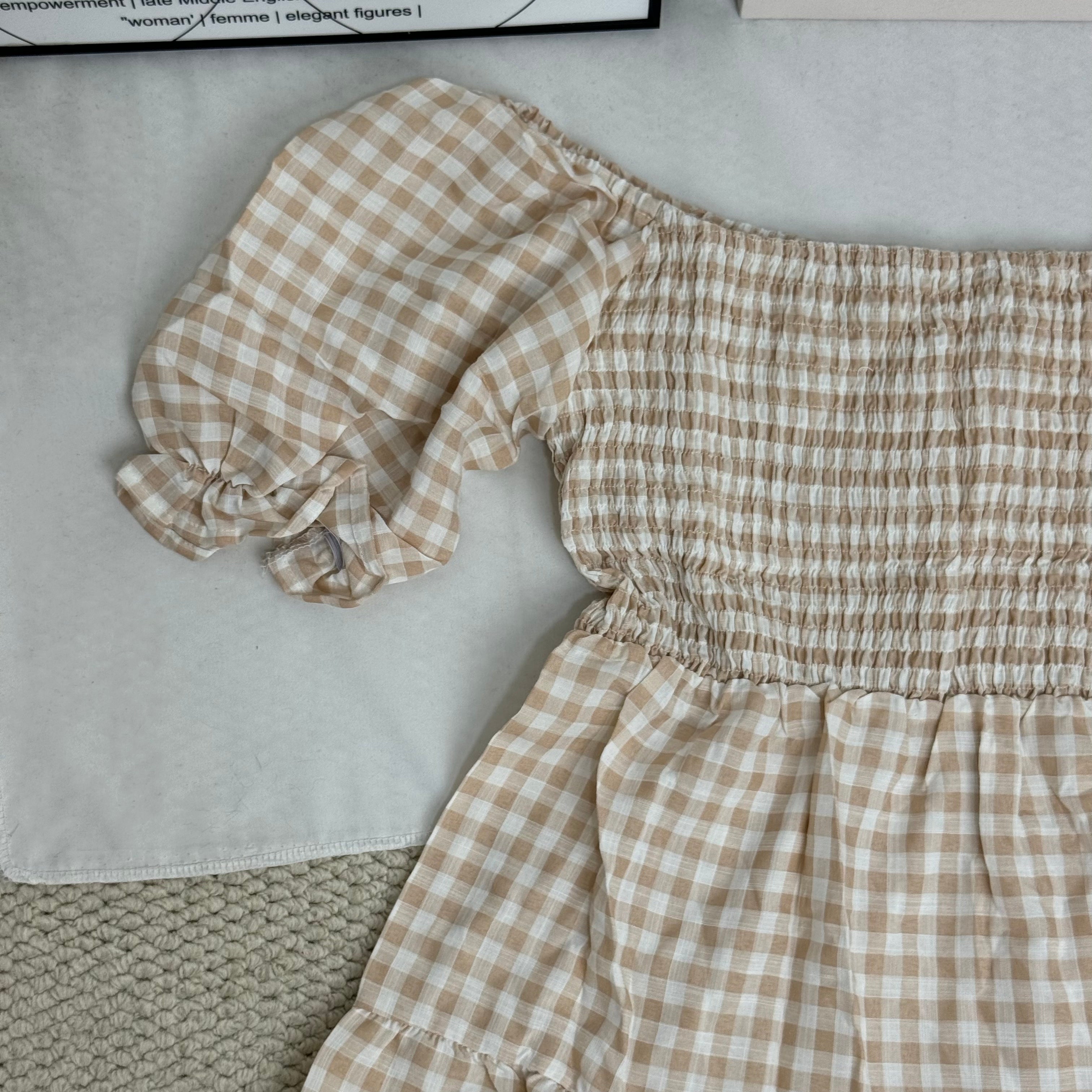 Square-neck checked high-waisted dress