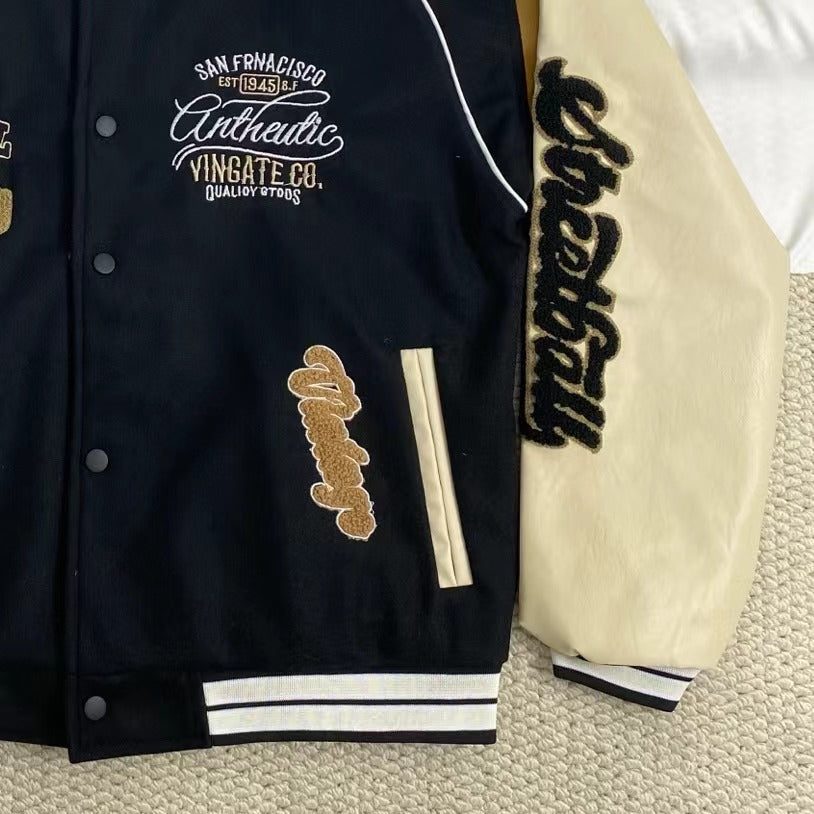 Embroidered Leather Sleeve Jacket