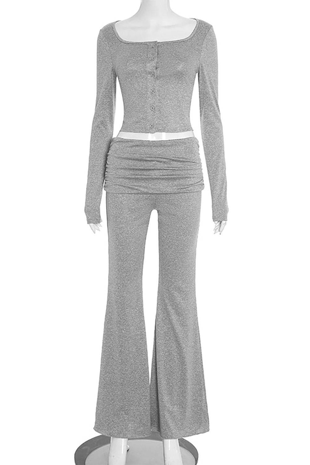 Long Sleeve Button Up Crop Top Ruched Slim Fit Flared Pants Set-LightGray