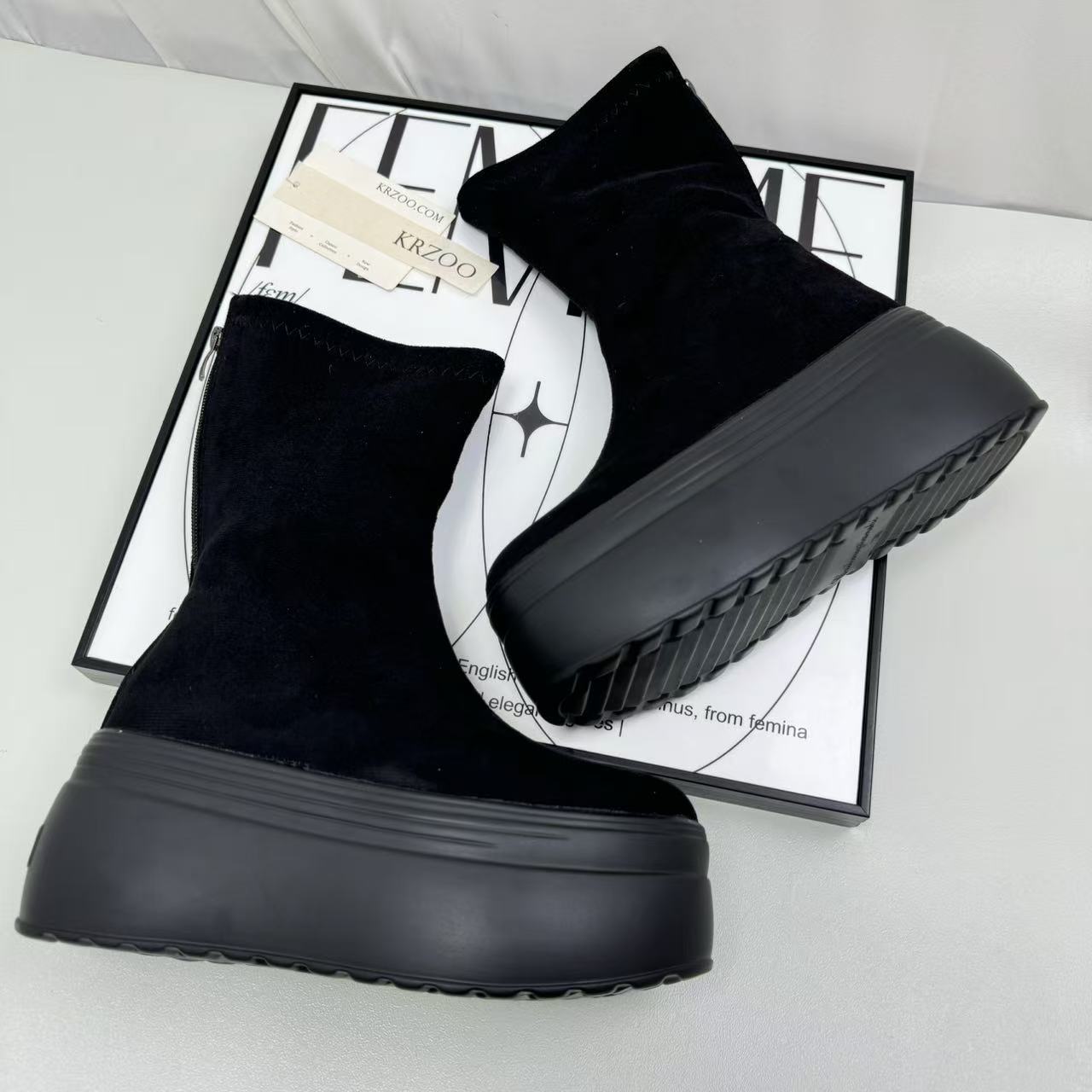 Thick-soled elastic black slim short boots