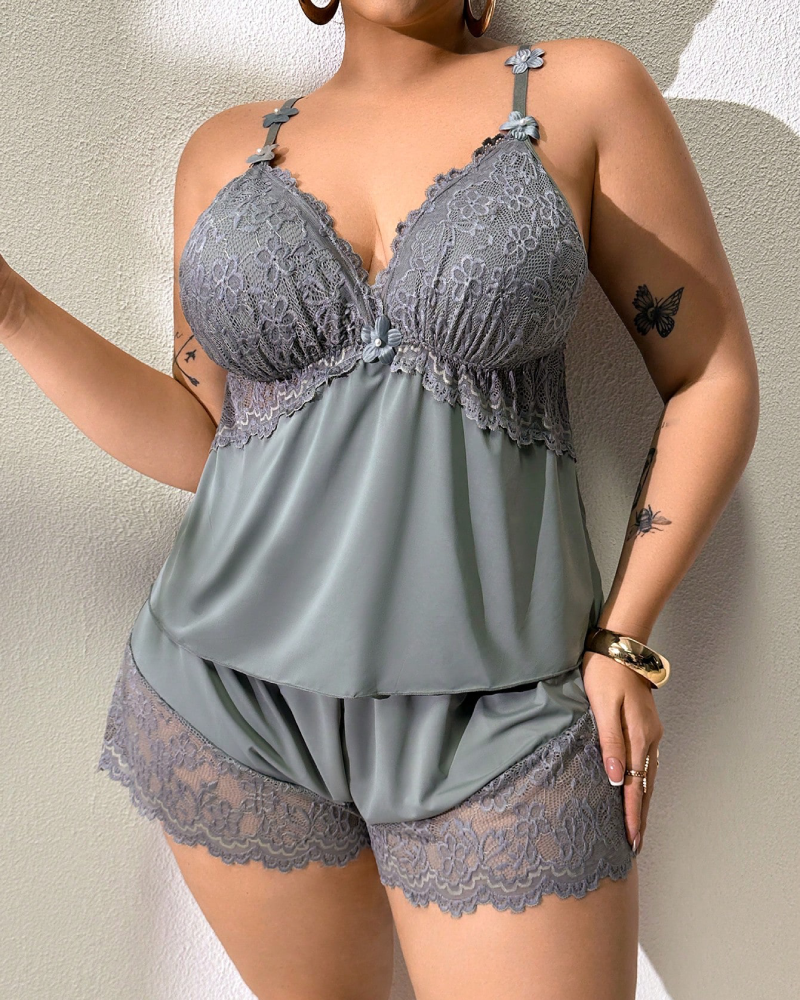 Plus Size Lace Satin Cami Pajama Set â€?Sexy Two-Piece Sleepwear for Women