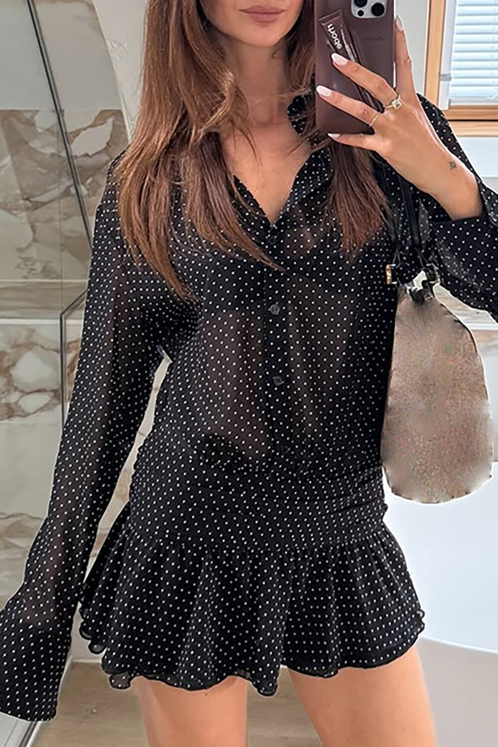 Polka Dot Print Long Sleeve Cinch Waist Mini Shirt Dresses-Black