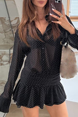 Polka Dot Print Long Sleeve Cinch Waist Mini Shirt Dresses-Black