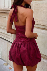 Deep V Halter Neck Backless Jacquard Bubble Mini Dresses-Red Pre Order