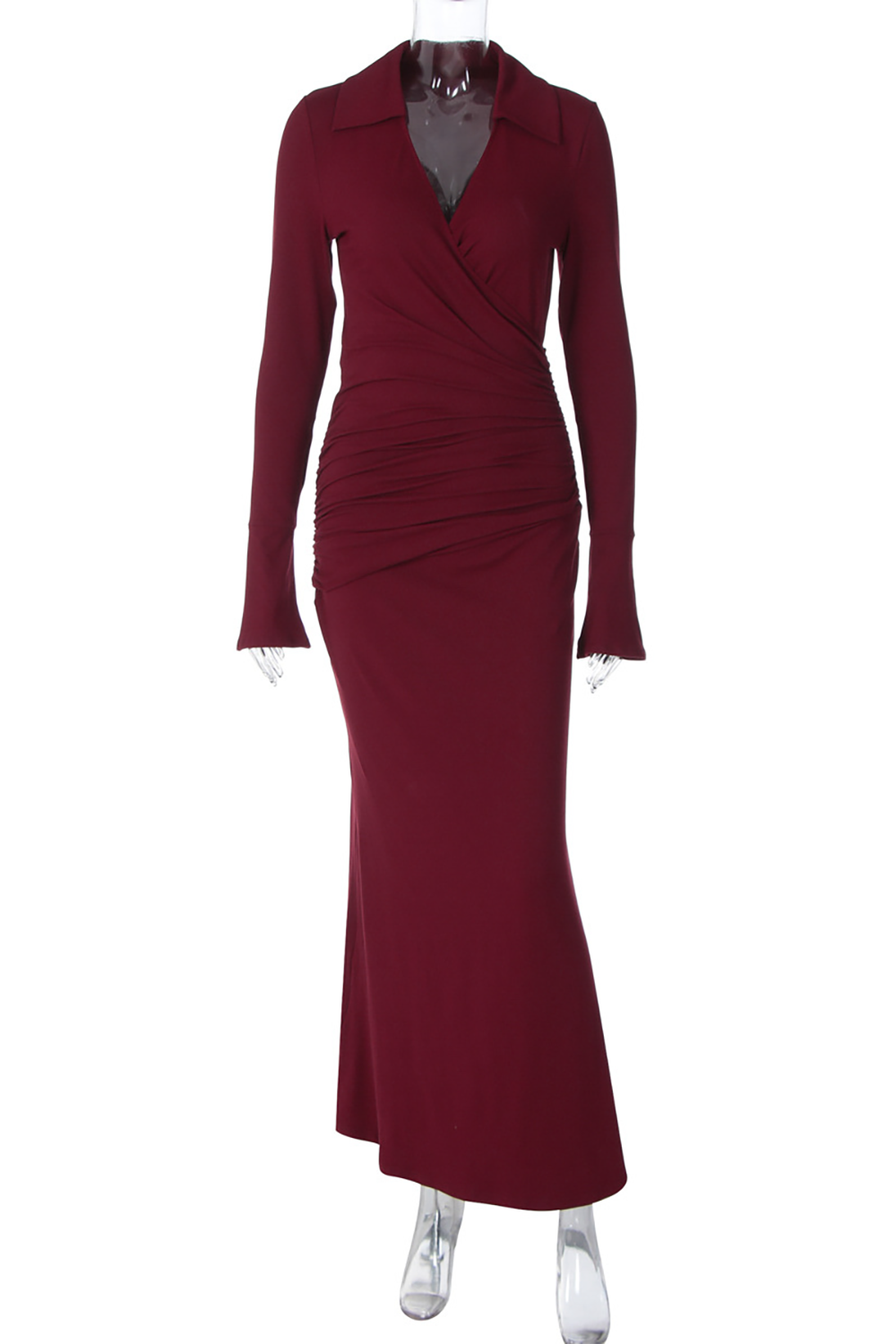 V Neck Long Sleeve Ruched Solid Color Slim Fit Maxi Dresses-White