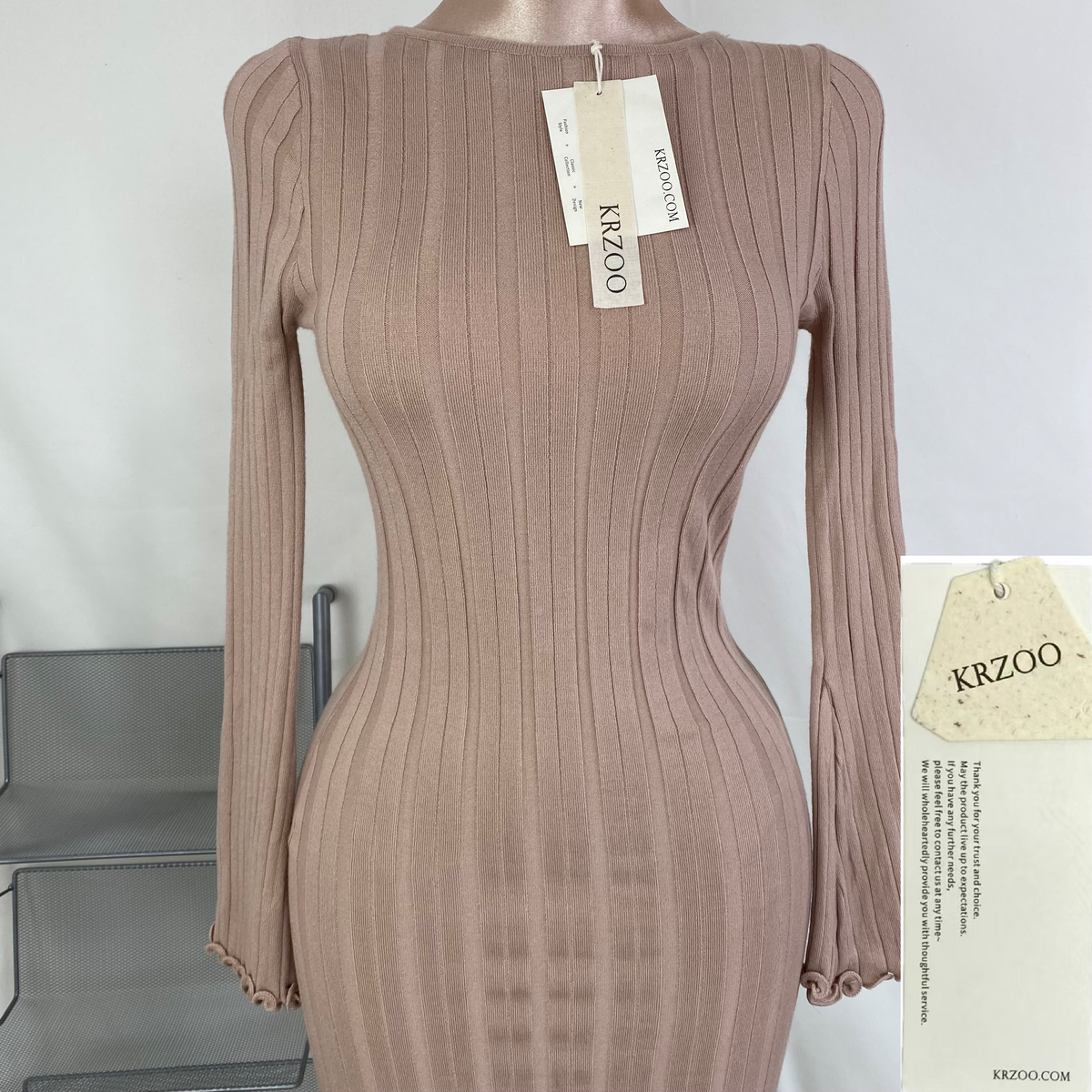 A fitted, ruffled edge knitted long dress