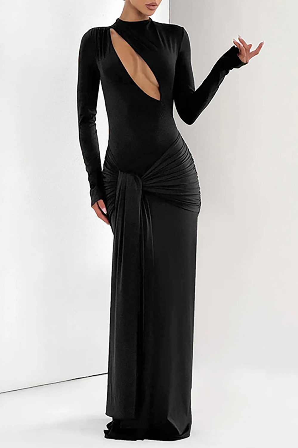 Cutout Round Neck Long Sleeve Ruched Long Streamer Slim Fit Maxi Dresses-Purple