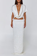 Cowl Neck Top Feather Sequin Maxi Skirt Party 2pcs Set-White Pre Order
