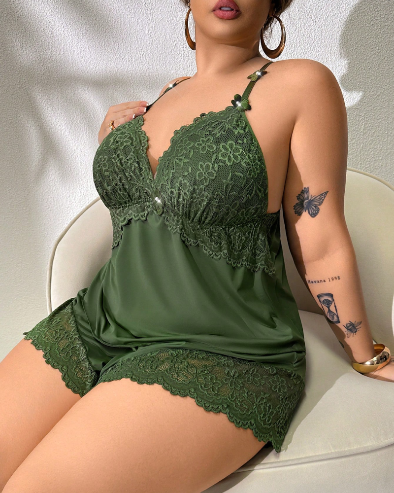 Plus Size Lace Satin Cami Pajama Set â€?Sexy Two-Piece Sleepwear for Women