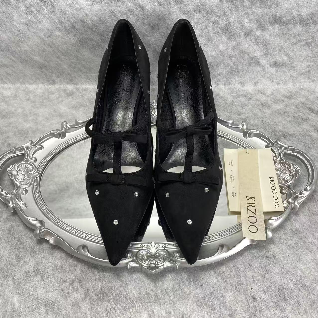 Bowsquare-toe black rhinestone high heels