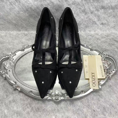 Bowsquare-toe black rhinestone high heels