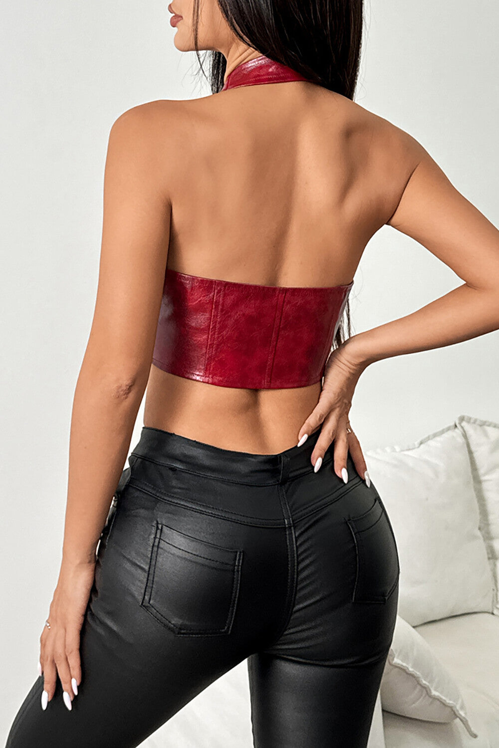 Front Lace Up Deep V Neck PU Leather Halter Crop Top Brown