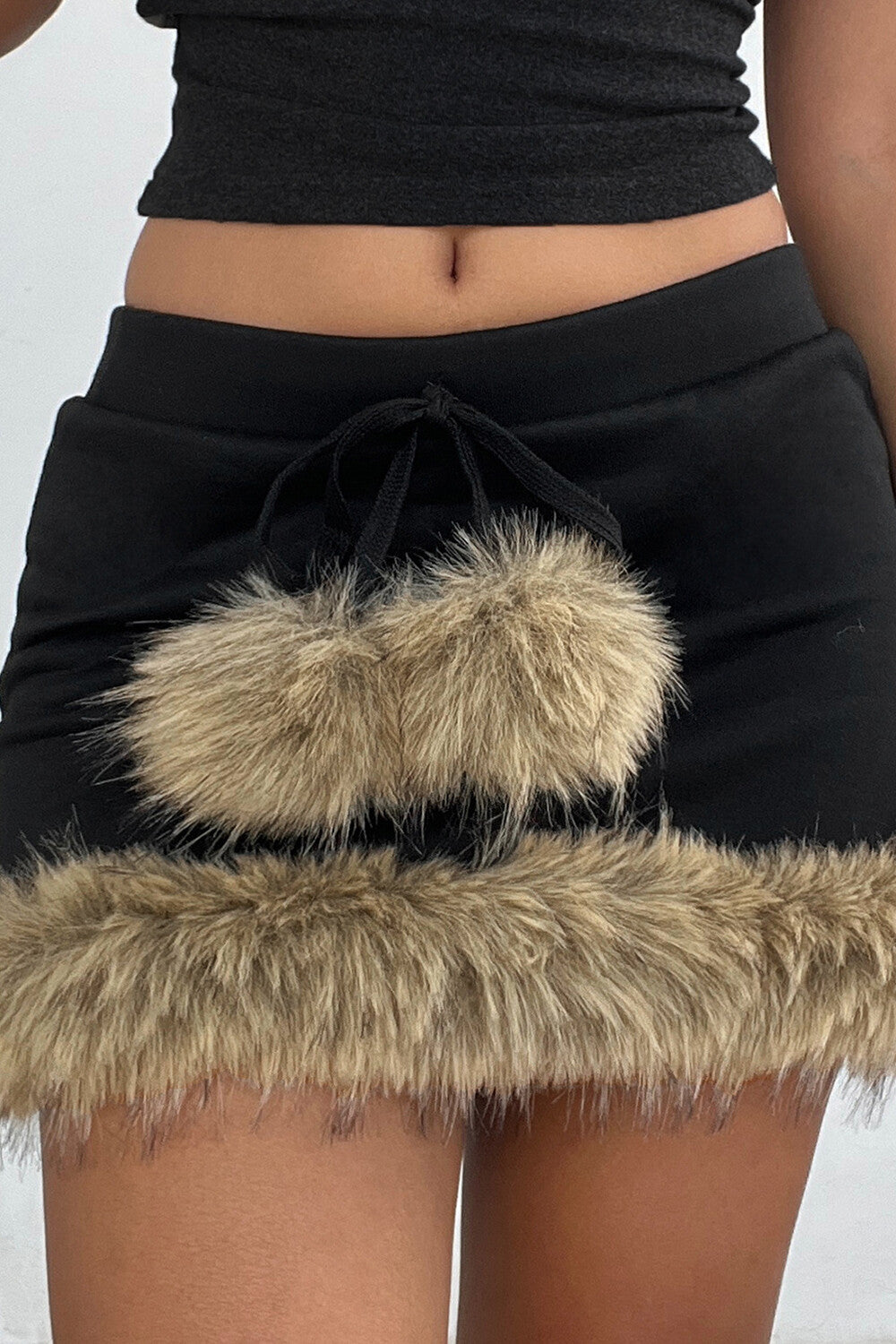 Faux Fur Patchwork Bodycon Tie Up Low-Rise Mini Skirt-Black