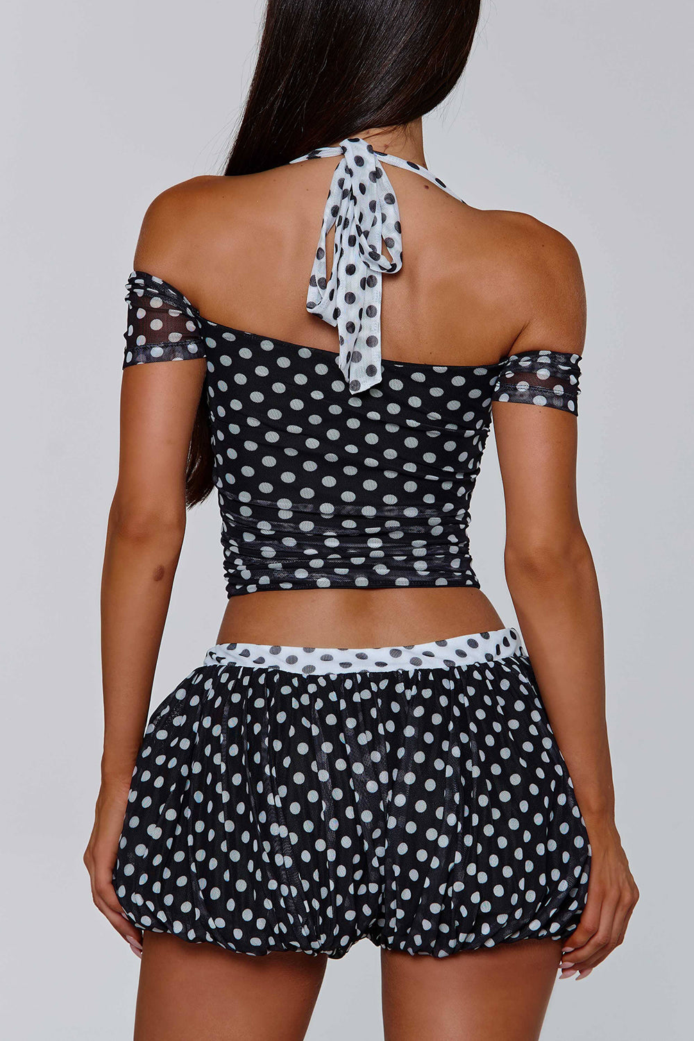 Polka Dot Off Shoulder Halter Top Pumpkin Shorts 2pcs Set-Black Pre Order