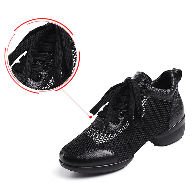 Women's Leather Mesh Lace-up 4cm Heel Dance Sneakers Practice Dance Shoes JazDance