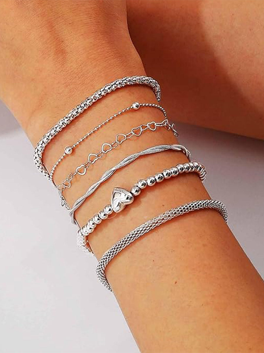 Layered Beaded Silver Heart Bracelet Set (6 Pieces)