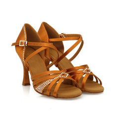 Women's Brown Semi Crystal Customized Heel Straps Latin Dance Shoes