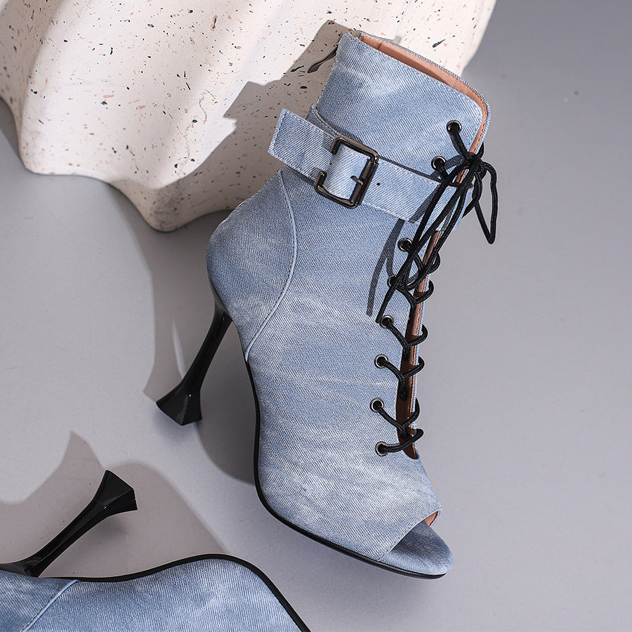 Women's 9.5cm Heel Rubber Sole Leatherette JazShoes Open Toe Dance Heels Boots