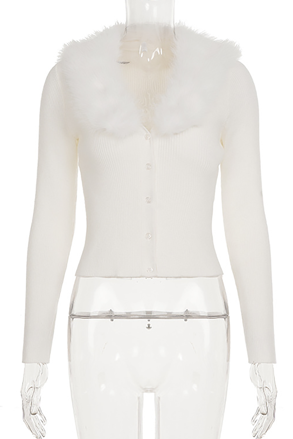 Furry Patchwork Knit V Neck Long Sleeve Button Up Sweater Cardigan-OffWhite