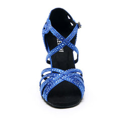 Women's Blue Customized Heel Strappy Dance Shoes With Crystals