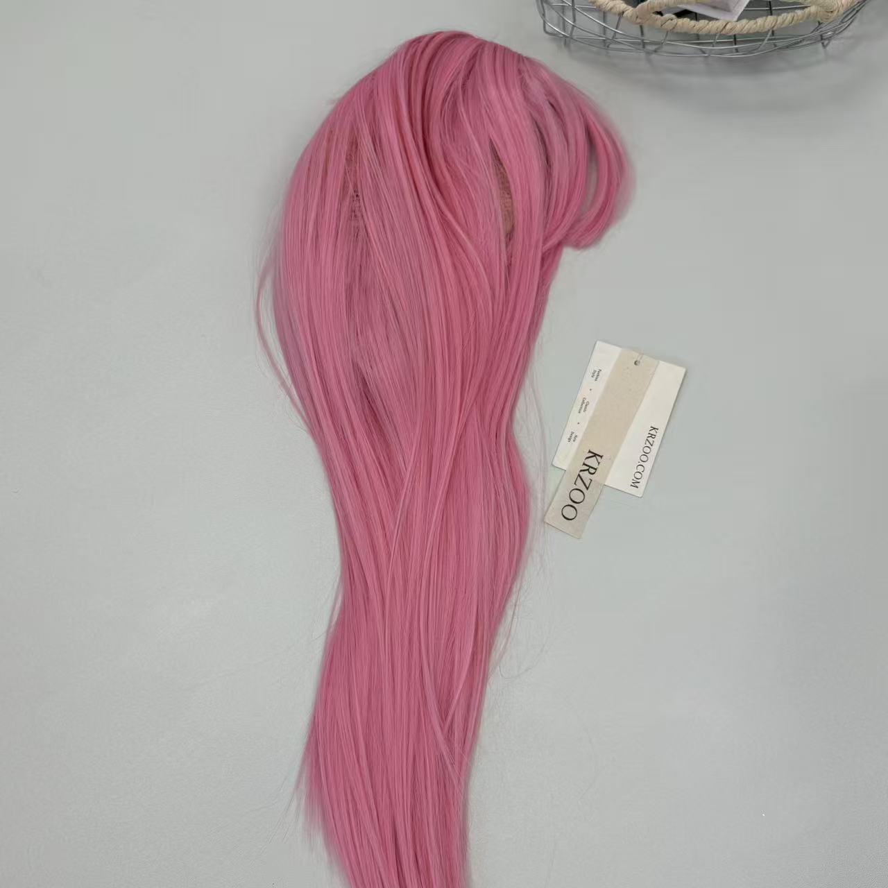 Pink long hair air-pressed fringe wig headgear