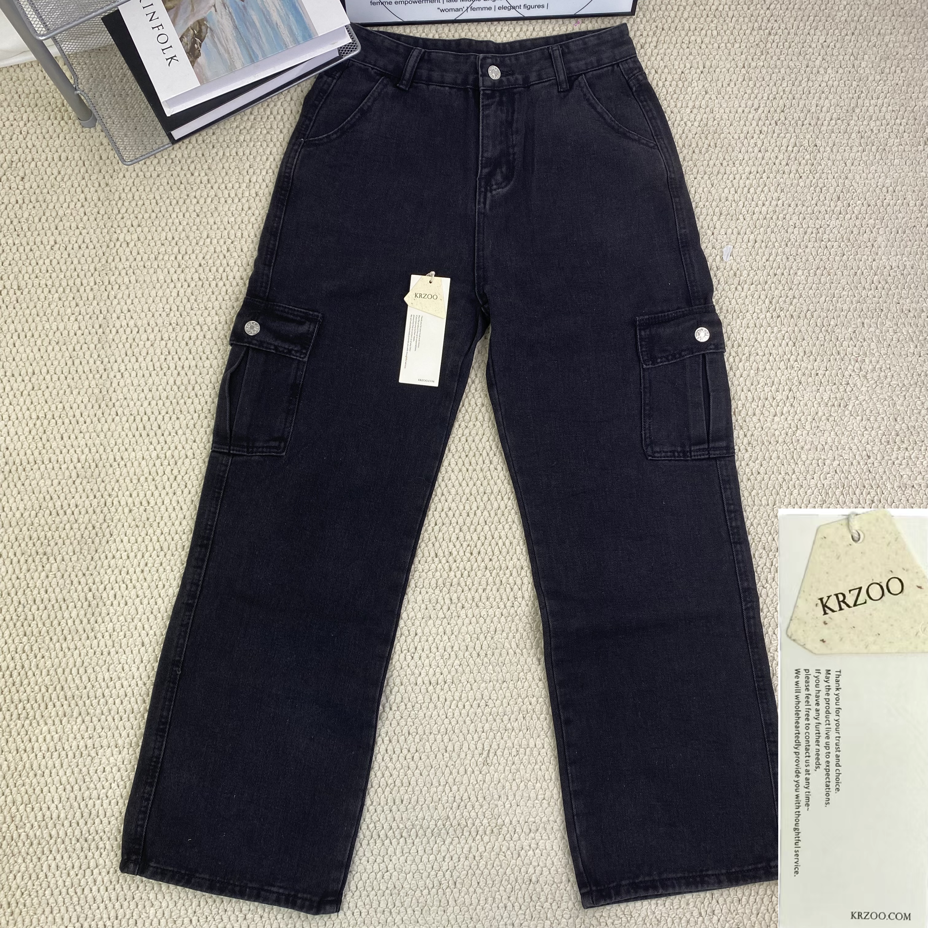 Washed multi-pocket straight-leg work pants
