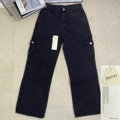 Washed multi-pocket straight-leg work pants