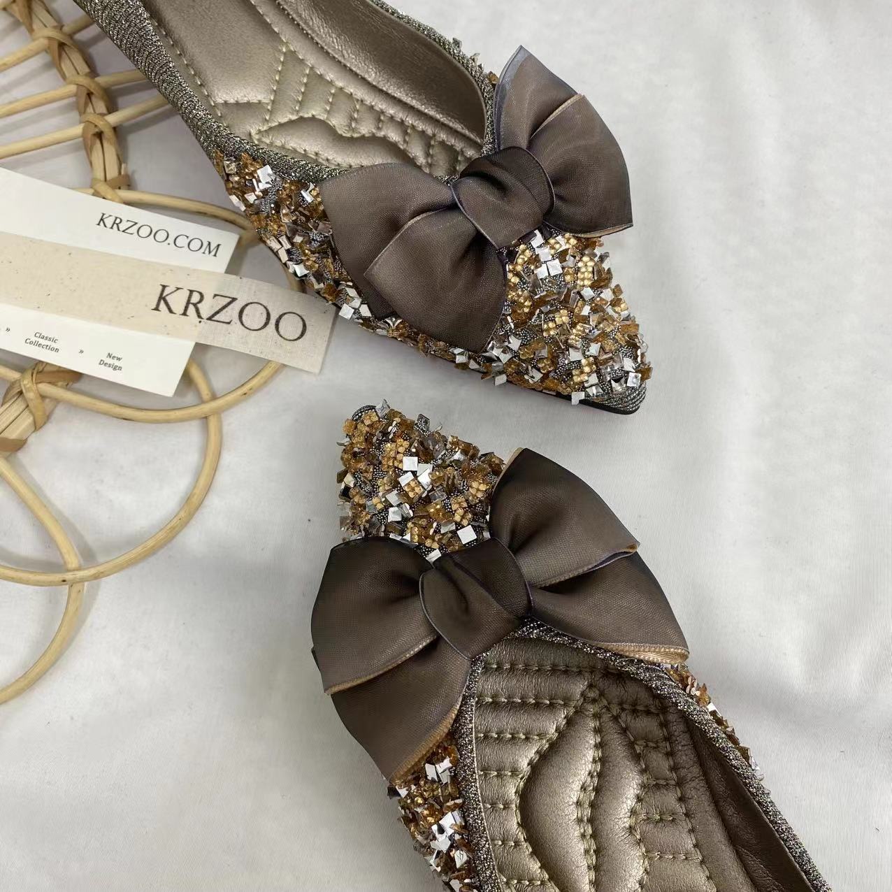 Pointed-Toe Flat Rhinestone Slippers