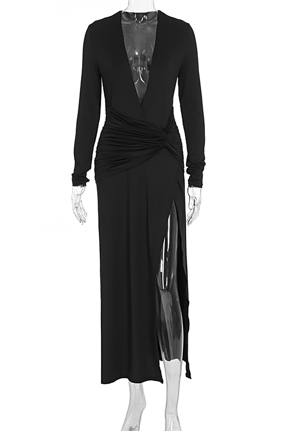 Deep V Neck Long Sleeve Ruched Slim Fit High Slit Maxi Dresses-Black