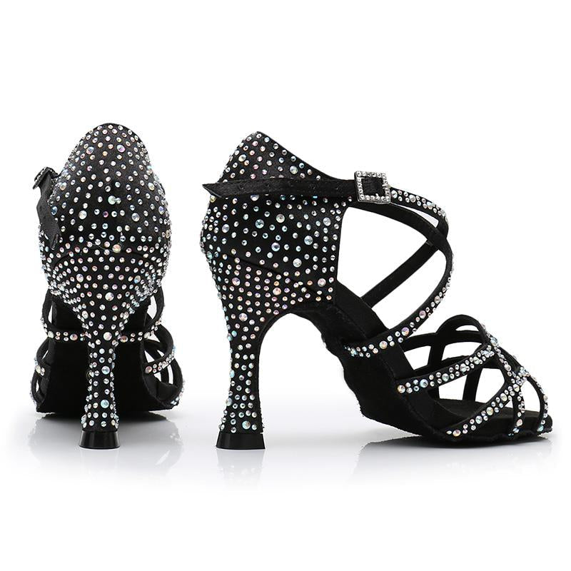 Women's Black Satin Rhinestone Customized Heels Ballroom Latin Dance Shoes
