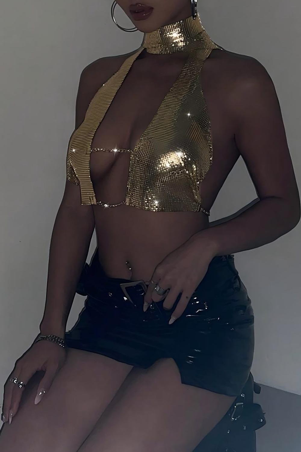 Glittering Sequin High Neck Halter Backless Front Open Party Crop Top Gold