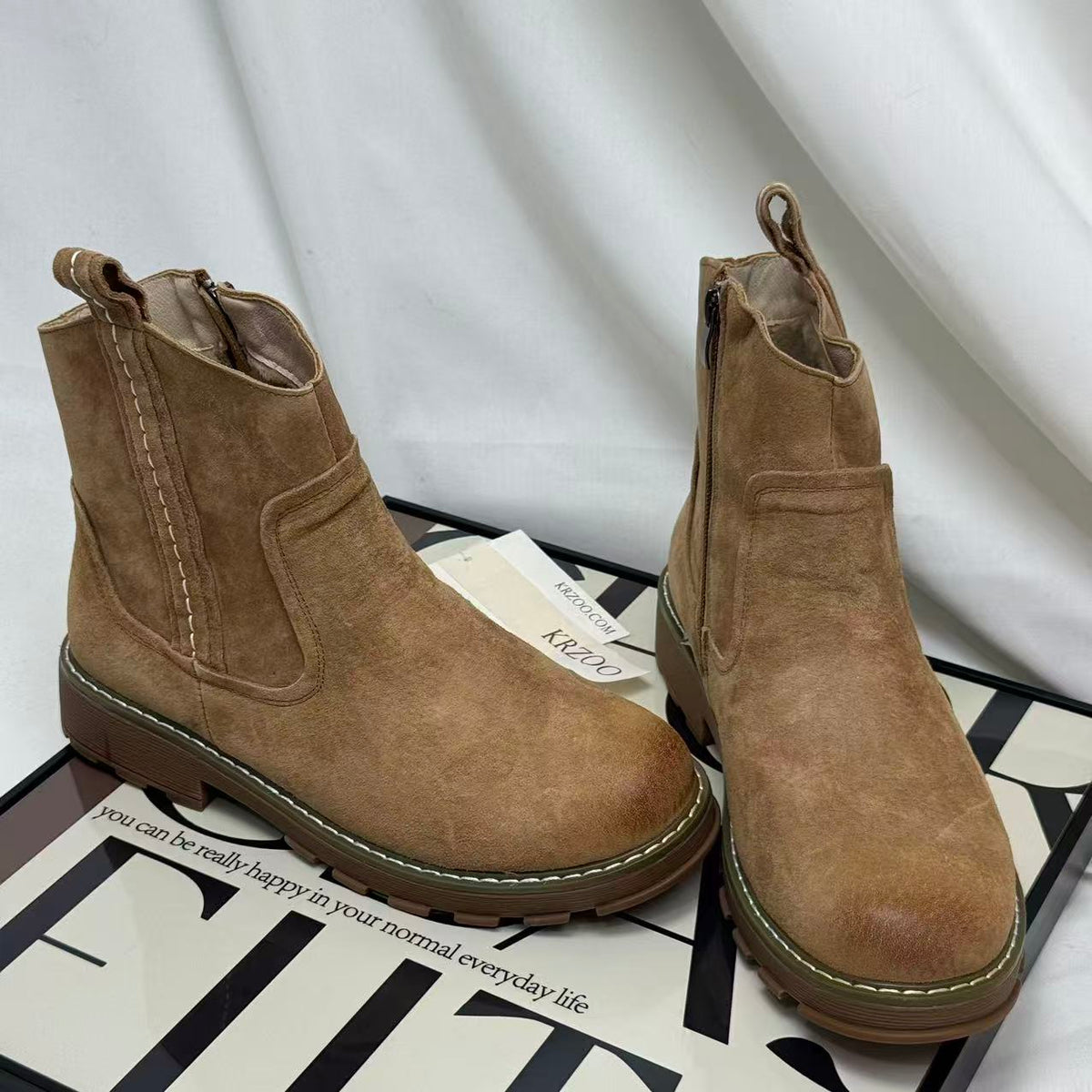 Suede leather boots with fleece lining and flat sole