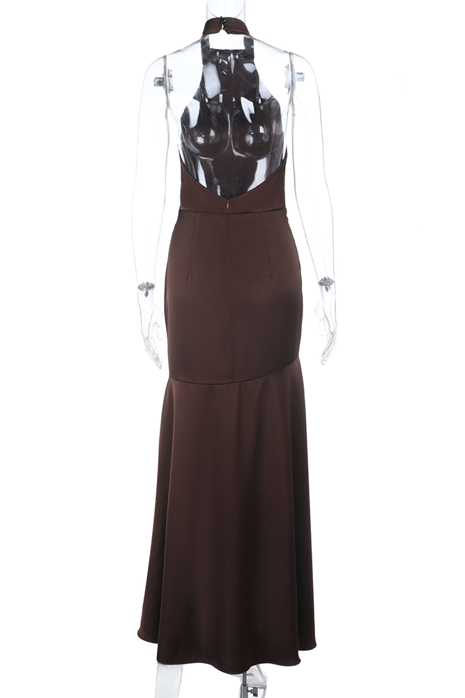 Halter Neck Solid Color Slim Fit High Slit Gowns Maxi Dresses-Brown