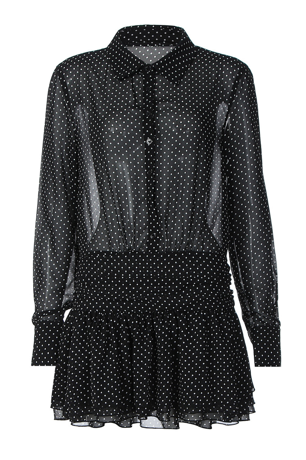 Polka Dot Print Long Sleeve Cinch Waist Mini Shirt Dresses-Black