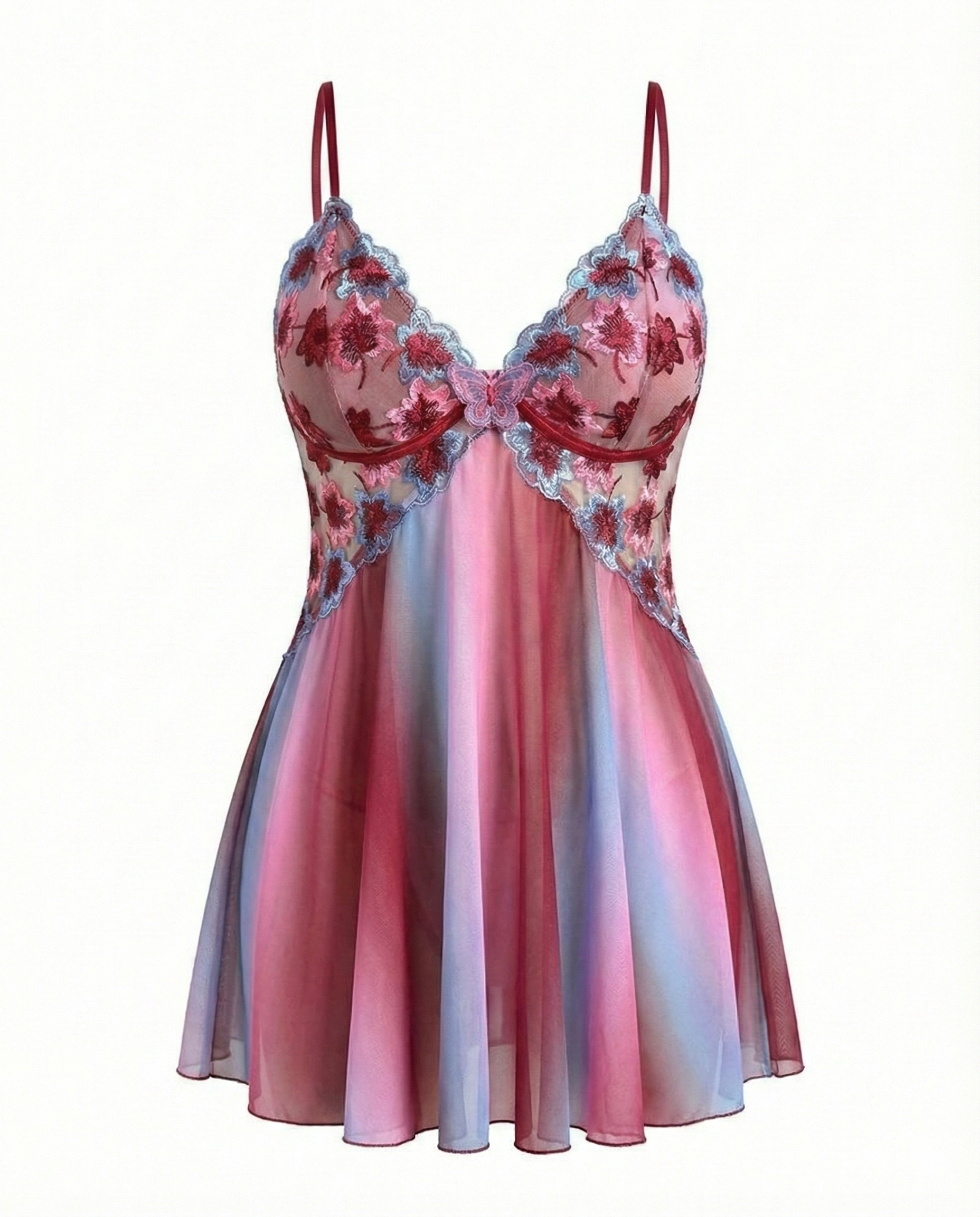 Plus Size Rainbow Ombre Camisole Nightgown â€?Backless & Floral Mesh Design