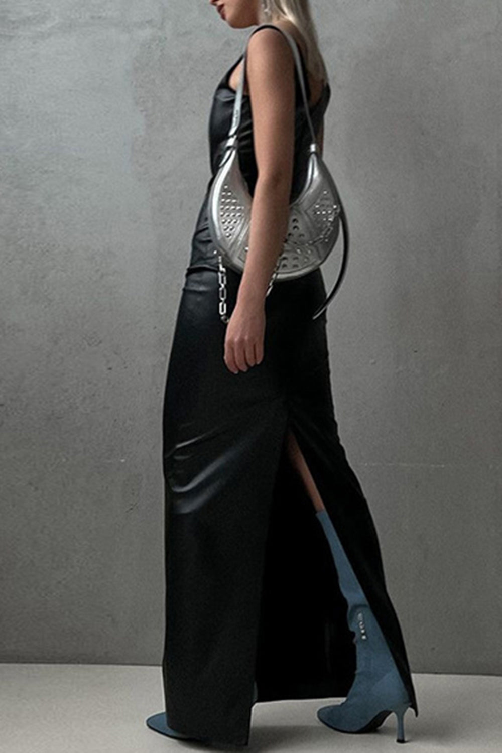 U Neck Solid Color PU Leather Bodycon Party Maxi Dresses-Black